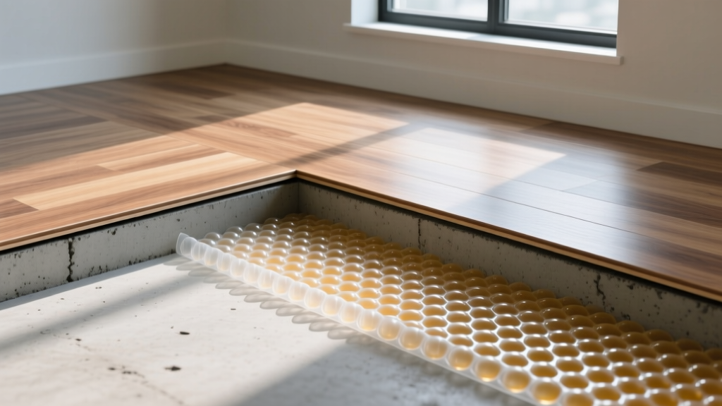 Cross-section of a dimpled polyethylene subfloor system installed over a concrete slab with luxury vinyl plank flooring on top