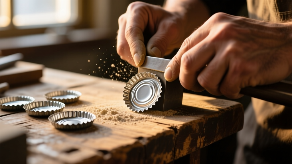 Macro shot of raw upcycled aluminum soda tabs being carefully sanded and polished by jeweler hands on a rustic wooden workbench.
