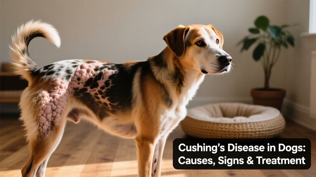 Close-up photo of a dog with visible hair loss along the tail and flanks, illustrating classic 'rat tail' and bilateral alopecia patterns