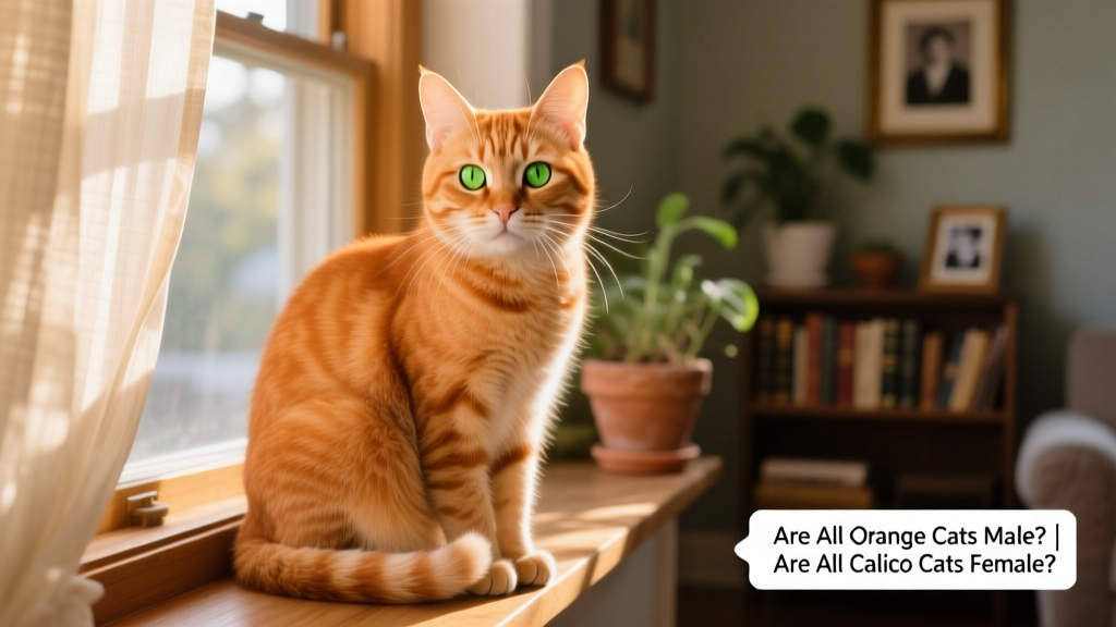 Close-up of an orange tabby cat sitting on a sunlit windowsill