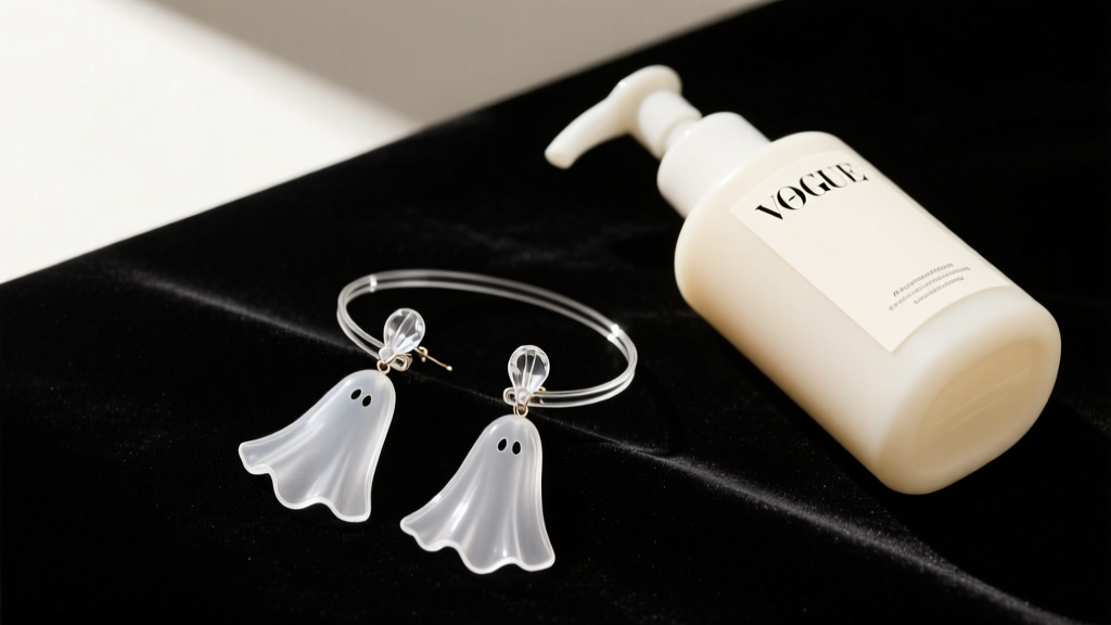 Flat lay of ghost earrings with glass posts and invisible wire cuffs resting on dark velvet next to a mild soap cleanser bottle.