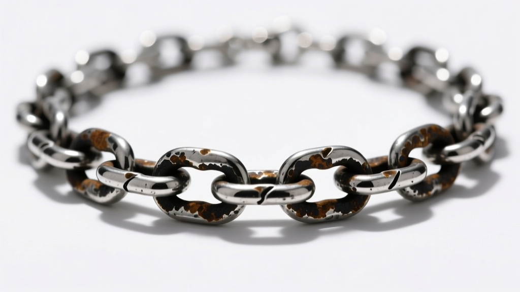 Macro shot of a tarnished silver chain necklace showing dark oxidation buildup in the crevices under bright studio lighting