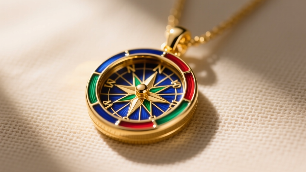 Close-up macro shot of a 14k gold vermeil compass pendant with intricate enamel detailing resting on a textured linen background.