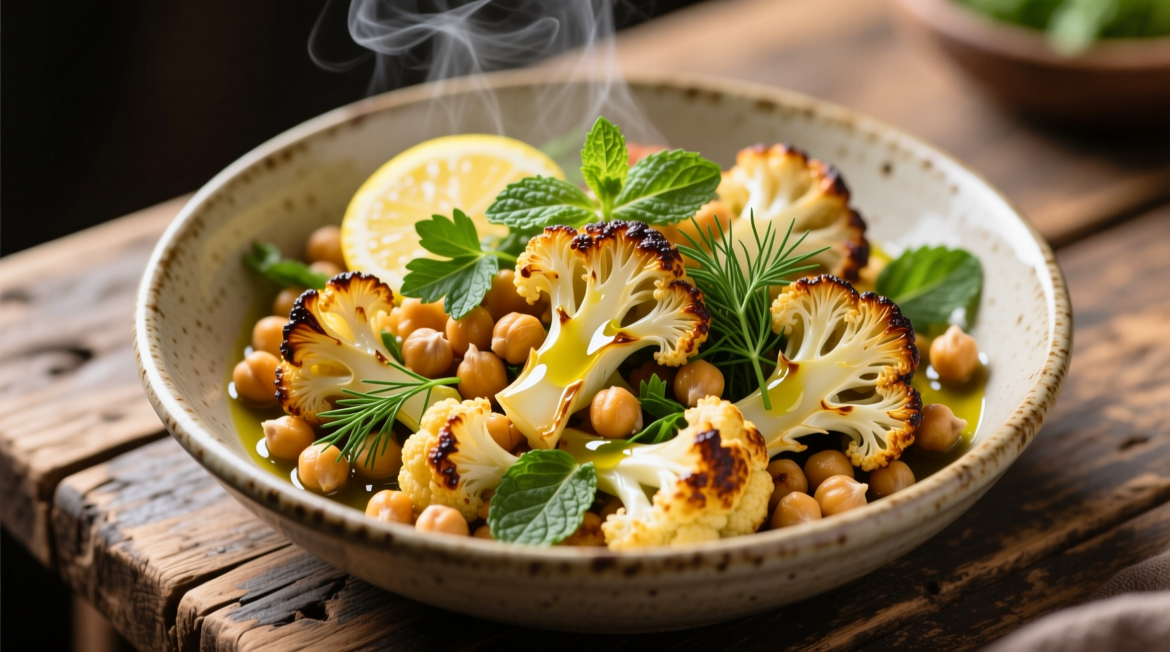 Golden roasted cauliflower and chickpea bowl with fresh herbs