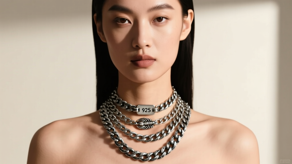 Editorial shot of a model wearing layered, oxidized sterling silver chains with visible 925 stamps on heavy lobster clasps.