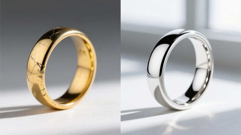 Side-by-side of a worn unplated 14k white gold ring showing yellow undertones next to a freshly rhodium-plated bright white band