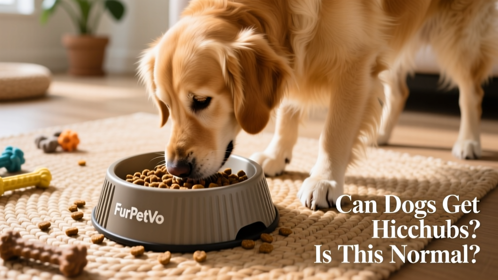 Top-down photo of a dog using a FurPetVo slow-feeder bowl, with kibble scattered across the ridged surface