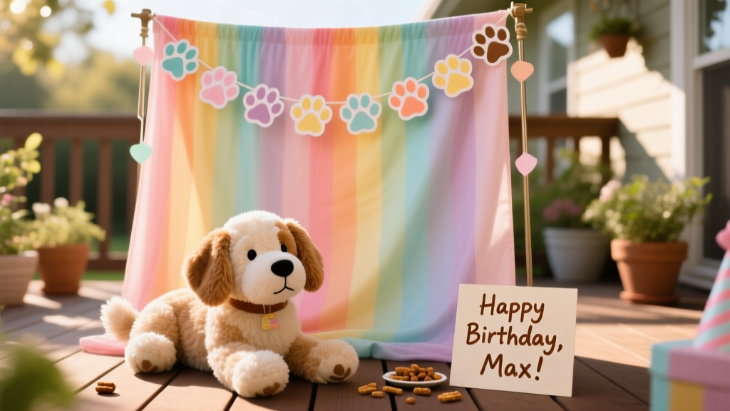 DIY photo booth setup with a rainbow fabric backdrop, paw-print garland, and a plush dog toy prop