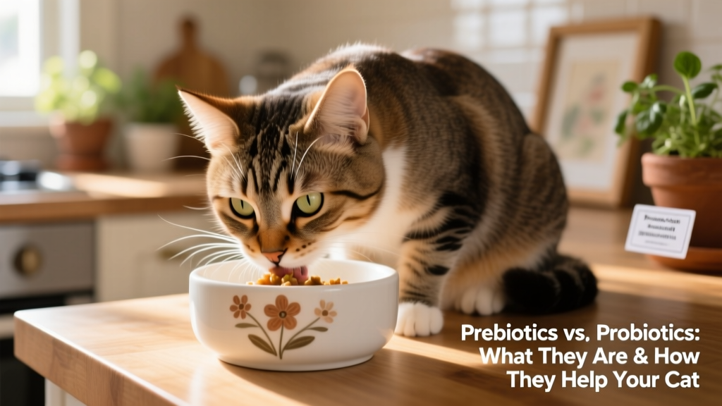 Close-up of a healthy, relaxed cat eating from a clean ceramic bowl