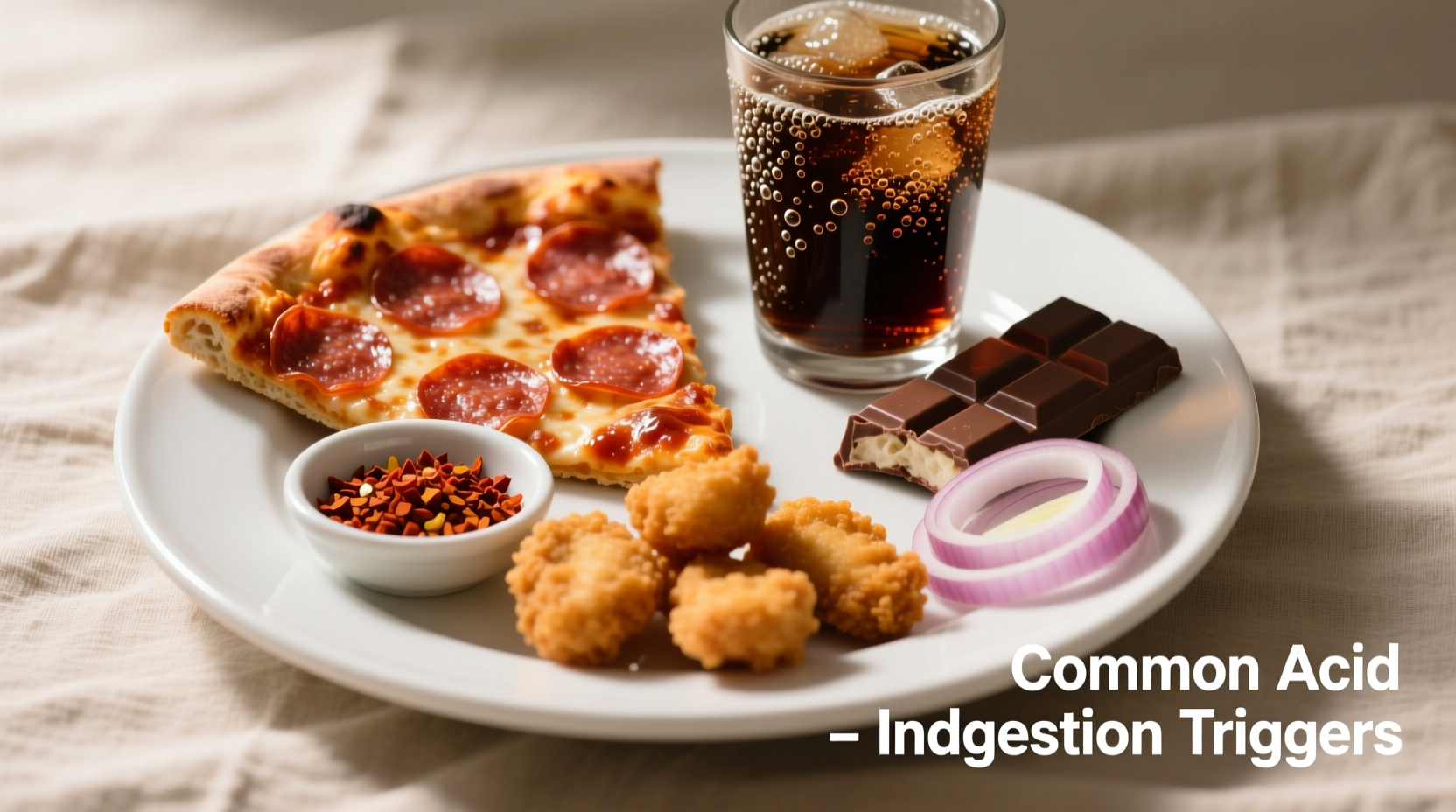 Plate of common acid indigestion trigger foods