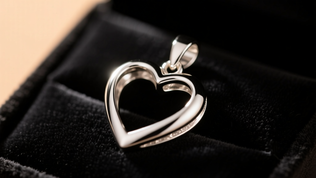 Close-up of a polished .925 sterling silver open heart pendant resting on dark velvet, illuminated by soft, warm studio lighting.