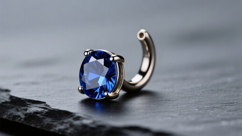 16-gauge titanium helix hook earring with bezel-set sapphire resting on dark slate surface under soft directional studio lighting