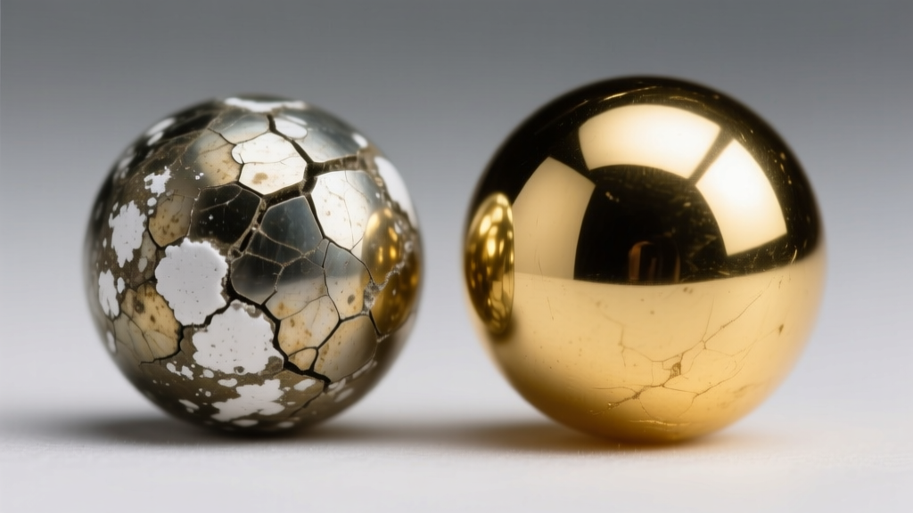 Damaged pyrite bead showing white powdery oxidation spots, contrasted next to a perfectly sealed, highly reflective gold bead.
