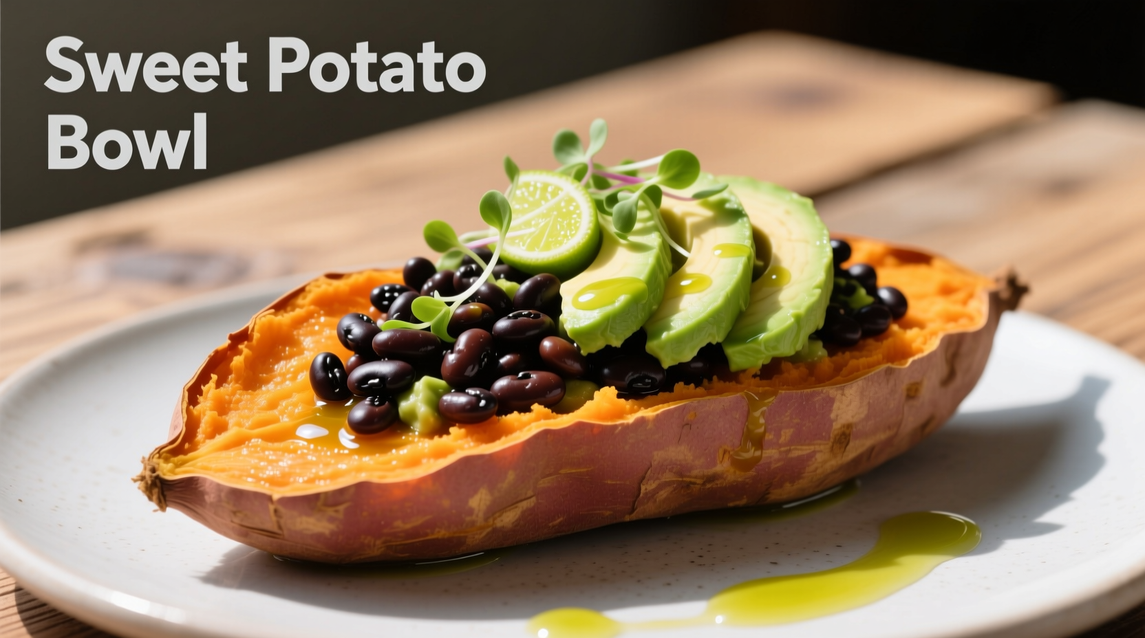 Sweet potato with black beans and avocado toppings