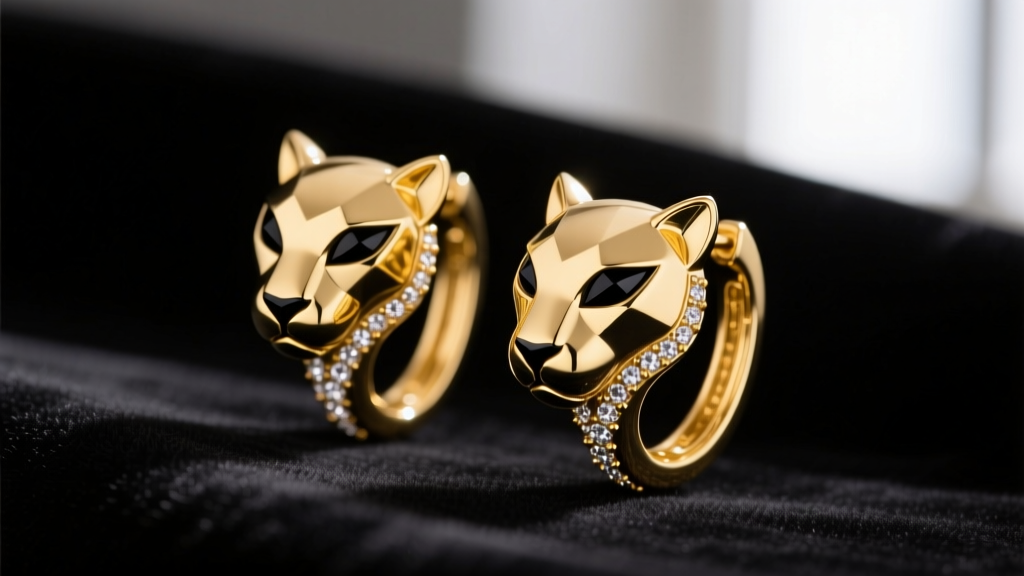 Close-up of 14k yellow gold panther drop earrings with black onyx and diamond pavé accents against dark velvet background.