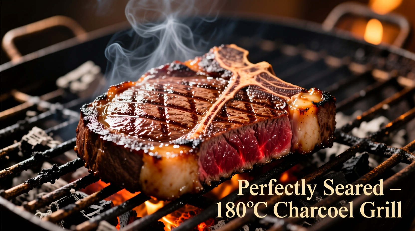 Perfectly seared ribeye steak with grill marks on charcoal grill