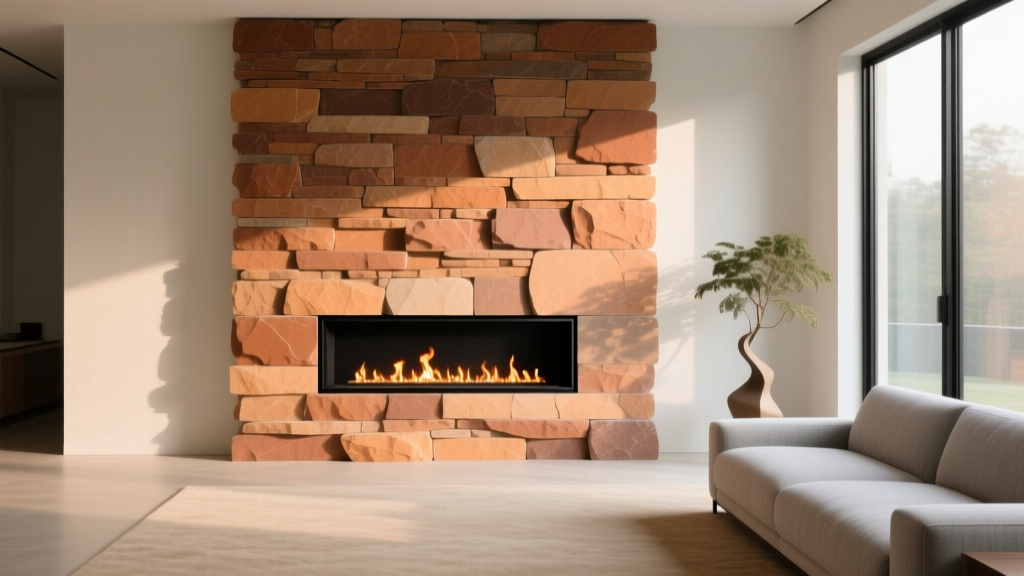 Stacked ledgestone veneer panels in warm earth tones framing a modern black linear gas fireplace insert in a bright living room