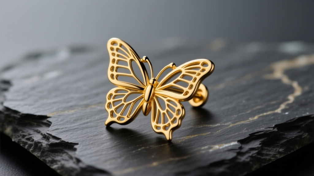 Close-up of a 14k yellow gold butterfly earring back resting on dark textured slate, illuminated by soft directional studio lighting.