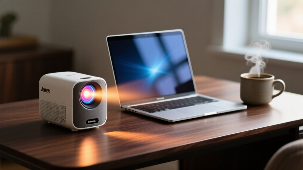 Close-up of Anker Nebula Capsule 3 Laser projector glowing on a dark wooden desk next to a MacBook Pro and a cup of coffee