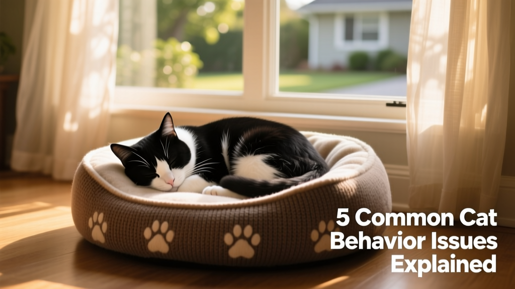 A cat curled up asleep in a cozy, dimly lit cat bed beside a window with soft curtains