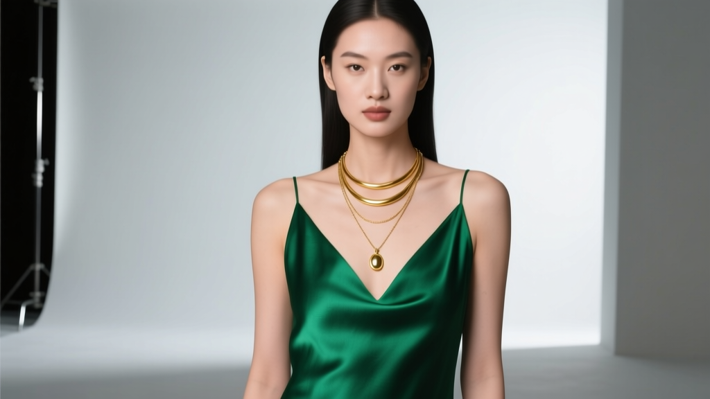 Model in emerald silk V-neck dress wearing layered 18-inch and 20-inch gold pendant necklaces under soft, elegant studio lighting.