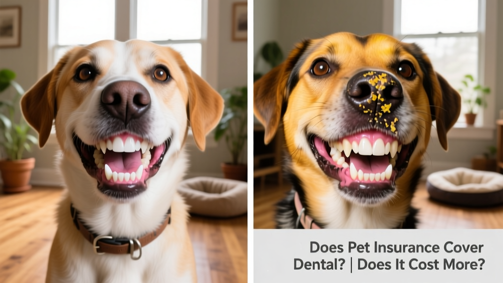 Side-by-side comparison of healthy pet teeth versus teeth showing tartar buildup and gum recession