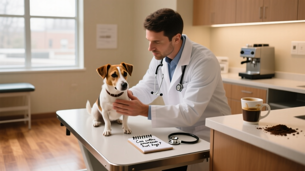 A veterinarian gently examining a small dog in a calm clinic setting