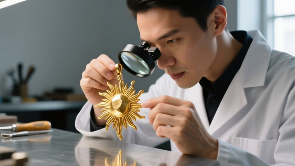 Jeweler inspecting a raw cast gold sunburst pendant under magnification to check for porosity in the delicate unpolished rays.