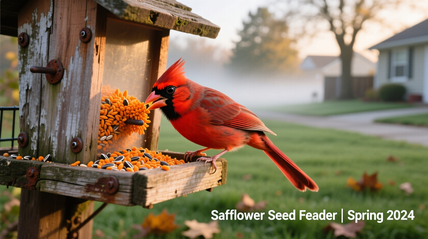 Cardinal eating safflower seeds from feeder
