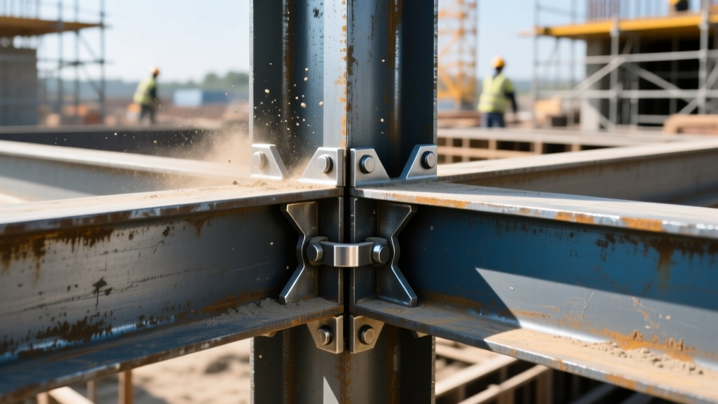 Close-up of heavy-duty modular steel concrete forms being locked together with wedge pins on a commercial foundation pour site.