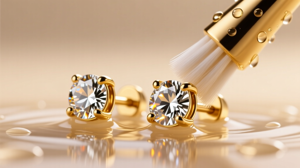 18k gold diamond stud earrings being gently brushed with a soft toothbrush in warm soapy water under bright, warm studio lighting