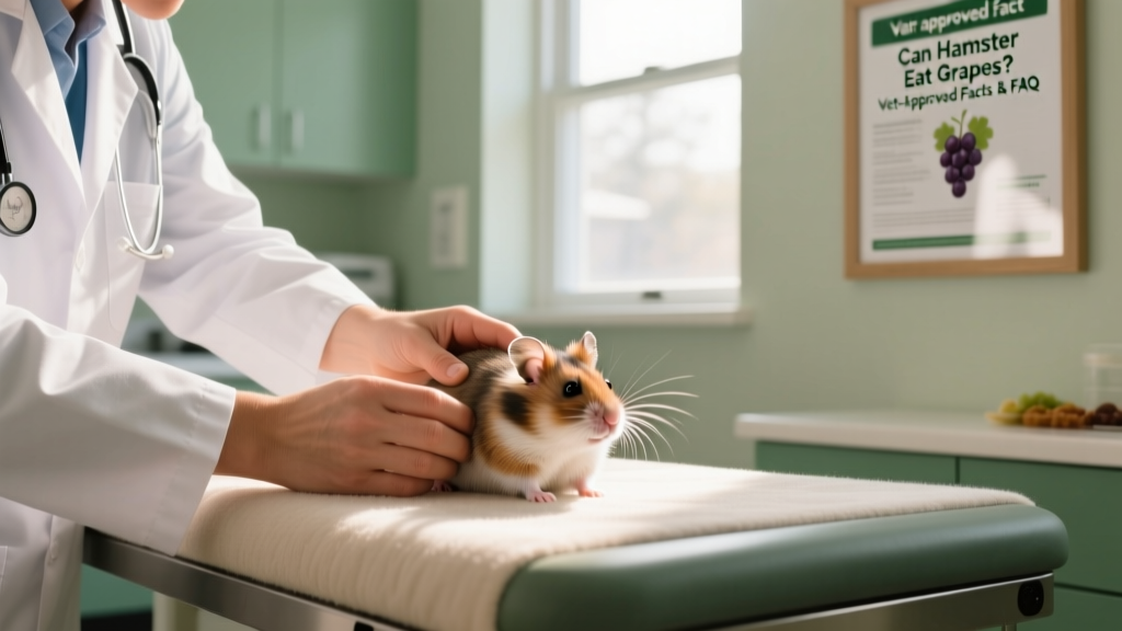 A veterinarian examining a hamster on a padded exam table, using gentle handling techniques