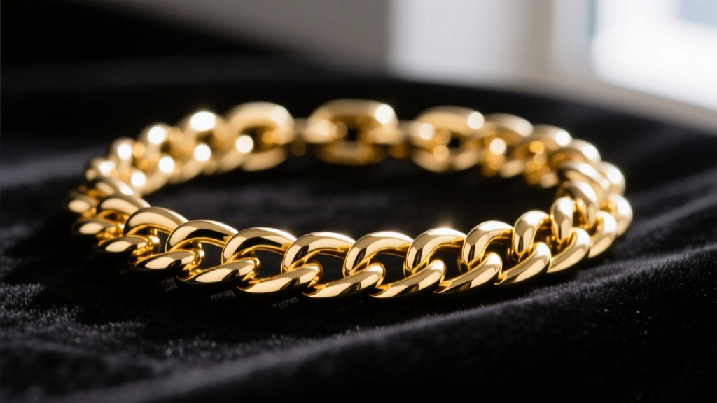 Macro shot of a 4mm 14K solid gold Cuban link chain on dark velvet, highlighting interlocking links and a bright, reflective polish