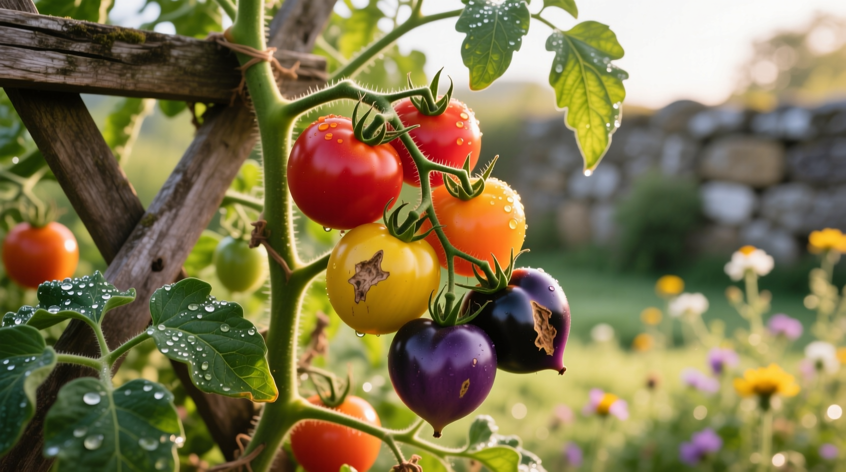 Colorful heirloom tomato varieties on vine