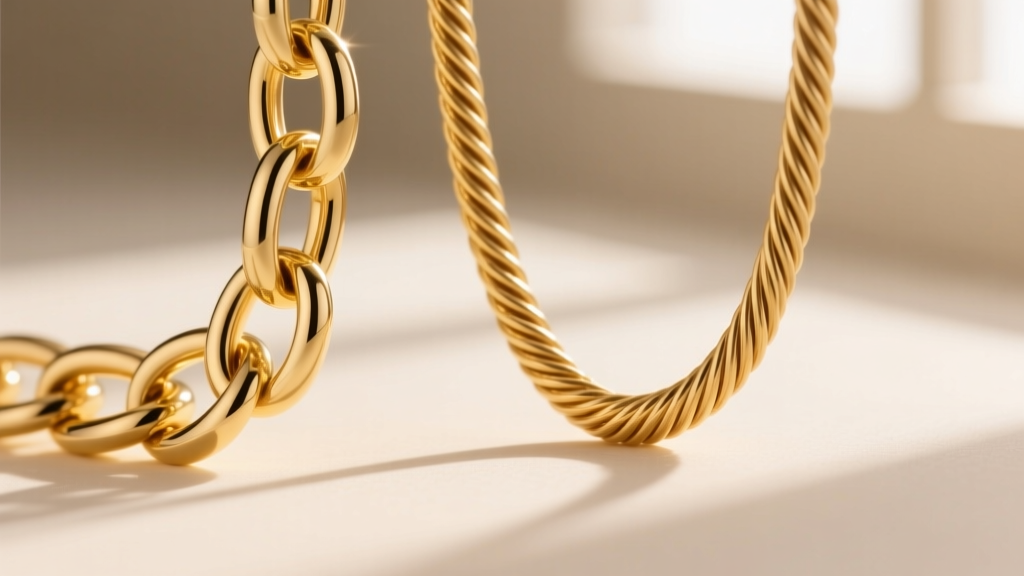 Close-up of a 1.2mm hollow box chain and a 0.8mm solid cable chain, highlighting structural differences in gold necklace links.