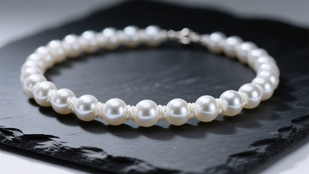 6mm white Akoya pearl ball necklace on dark slate, showing silk knots between spherical beads under soft, diffused studio lighting.