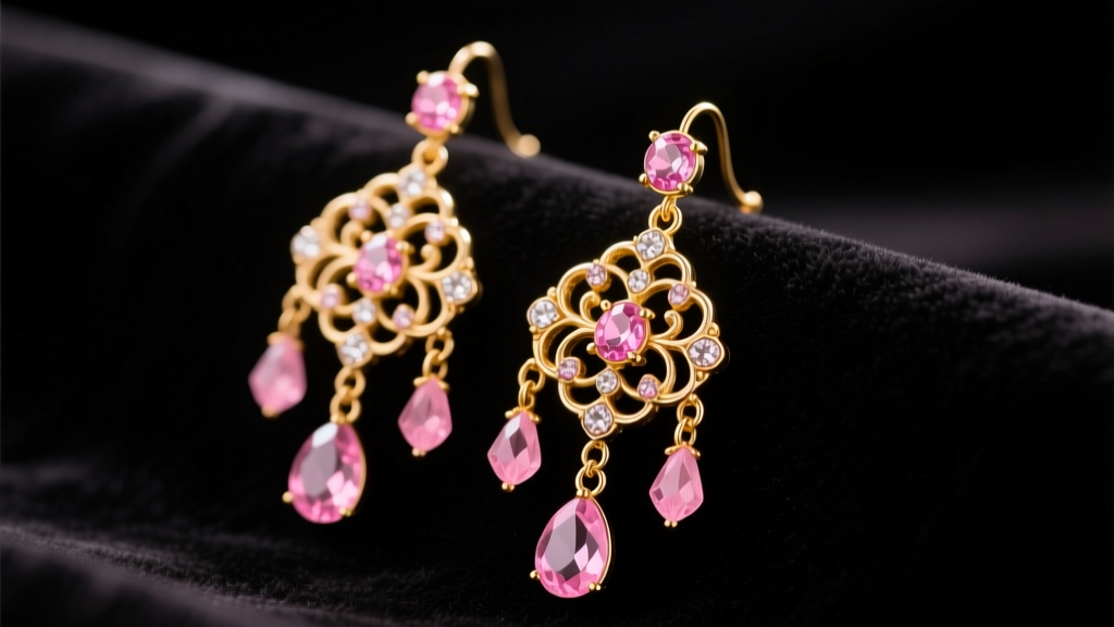 Close-up of ornate pink and gold drop earrings inspired by Glinda, resting on dark velvet under soft, warm studio lighting.
