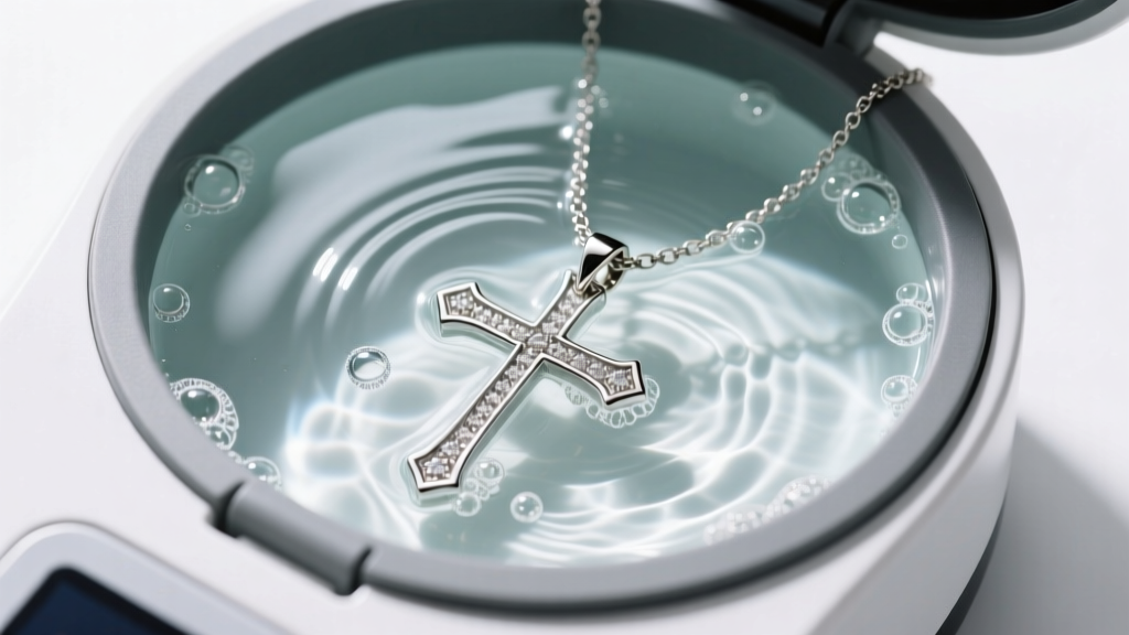 An ultrasonic jewelry cleaner vibrating with a stainless steel cross necklace submerged in a mild soapy solution, top-down view.