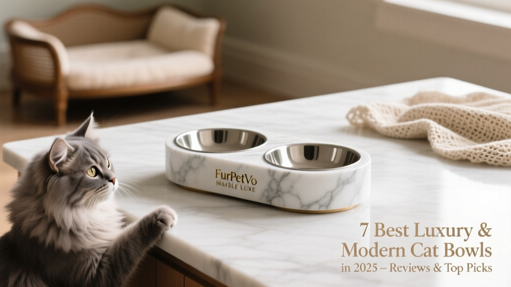 FurPetVo Marble Luxe Double Bowl placed on a marble countertop with natural light highlighting its smooth finish