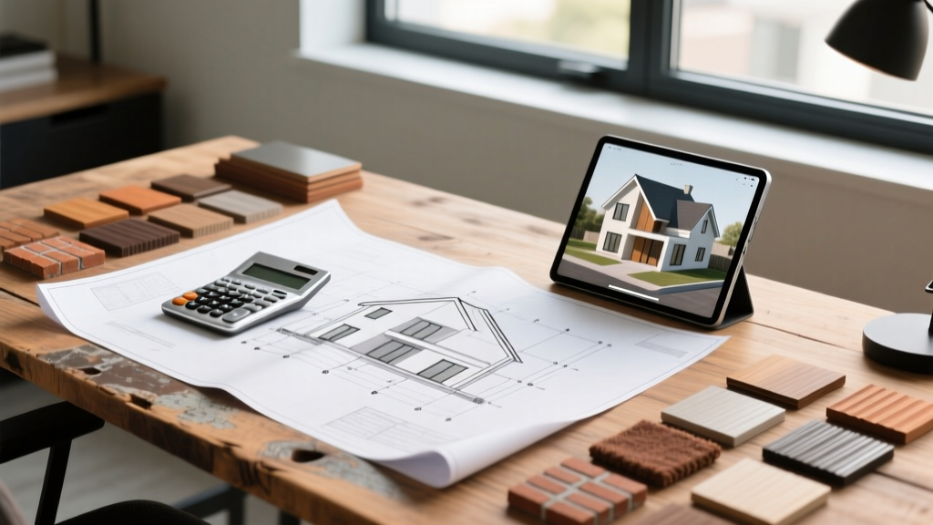 Blueprint on a wooden desk alongside a calculator, brick samples, siding swatches, and a tablet displaying a 3D house model