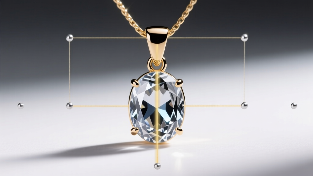 Technical photo of a pendant bail on an oval gemstone, showing the center of gravity line and weight distribution points clearly