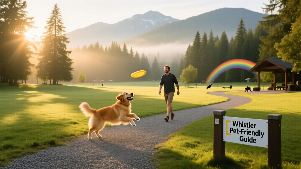 Sun-dappled view of Rainbow Park in Whistler, with open green space and forest backdrop