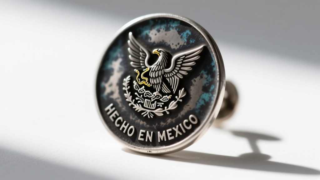 Macro photo of vintage Taxco earring back showing an eagle hallmark and HECHO EN MEXICO text in dark oxidized silver patina.