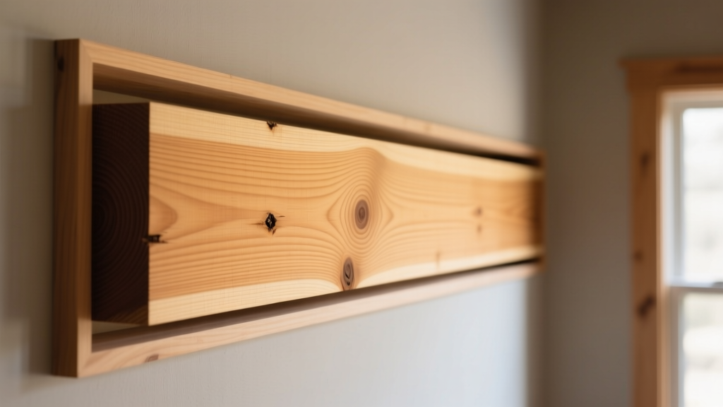 Structural Douglas fir timber beam showing straight grain lines and minor spiral grain deviation near a knot in a framed wall
