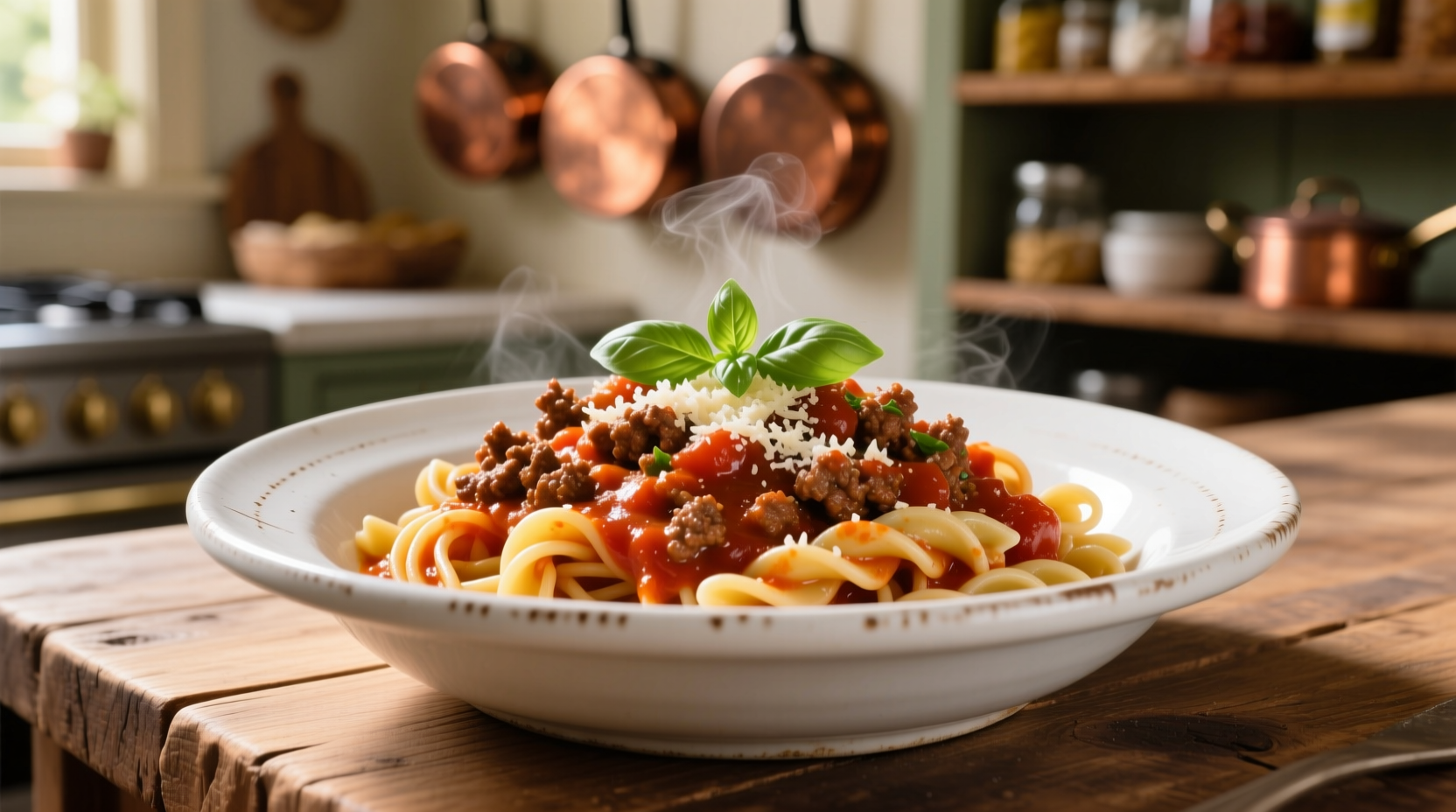 Homemade pasta with ground beef and tomato sauce in white bowl