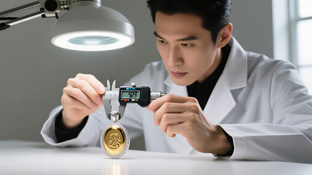 Jeweler using a digital micrometer to measure gold plating thickness on a 925 sterling silver pendant under a magnifying lamp.