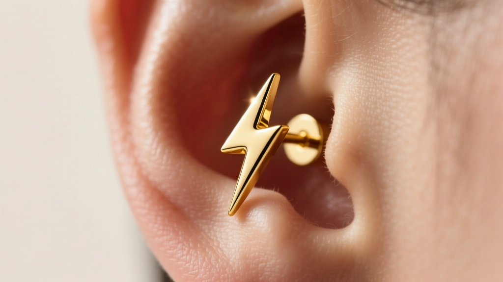 Macro shot of a 14k yellow gold lightning bolt stud earring on an earlobe, lit by soft, warm directional studio lighting.