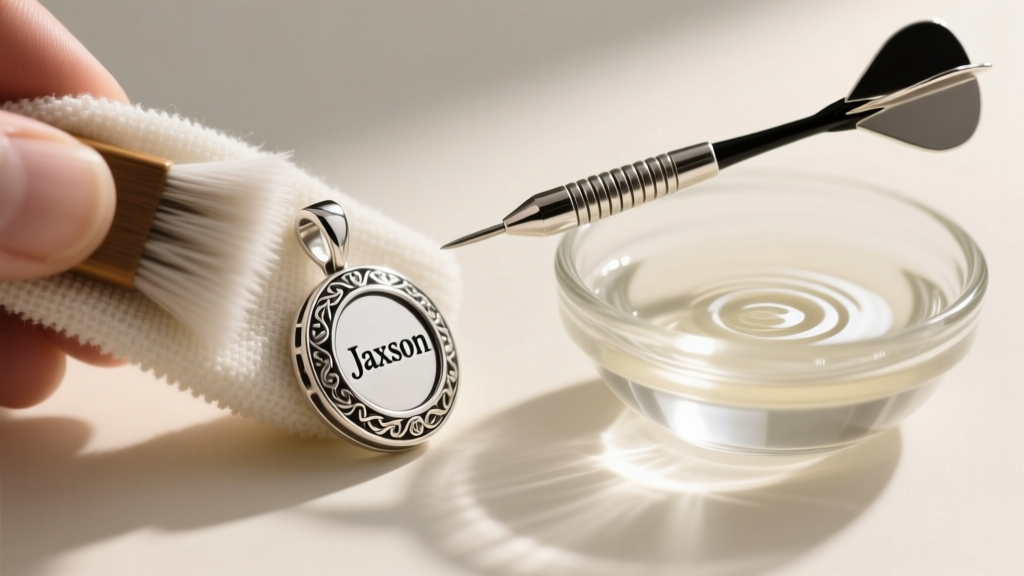 Microfiber cloth polishing a sterling silver Jaxson dart pendant next to a small glass bowl of gentle jewelry cleaning solution.