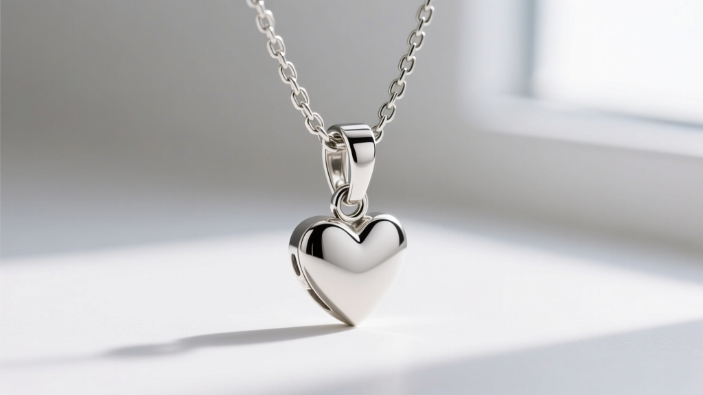 Macro photography of a sterling silver necklace bail and jump ring connecting a heart pendant to a box chain, in sharp focus.
