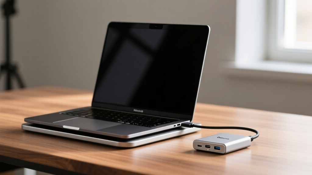 A minimalist 2026 desk setup featuring a MacBook Pro on a Roost stand, connected to a single cable from a compact Satechi dock.